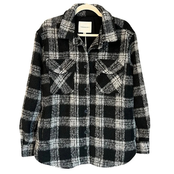 Thread & Supply Cozy Shirt Jacket Black Ivory Plaid Medium NWT Fall Contemporary - Picture 1 of 6